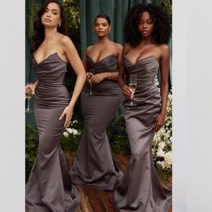 House of CB Fleur SHADOW SATIN STRAPLESS GOWN corset gray maxi dress size M NWOT